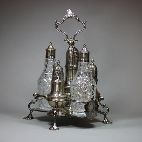 George II silver five-bottle 'Warwick' cruet set