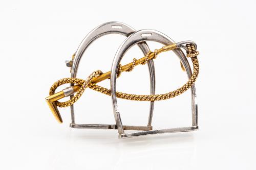 Equestrian Brooch of Two Stirrups & Crop in Platinum and Gold, English circa 1920