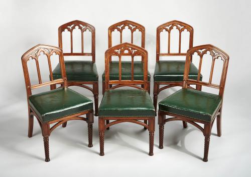 Fine and rare set of six Regency mahogany chairs in the Gothic taste