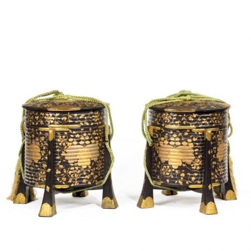 A Pair of Edo Period Black and Gold Lacquer Samurai Helmet Boxes