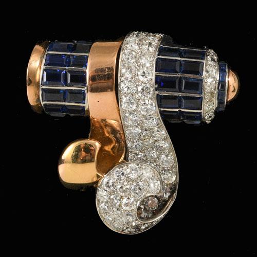 Retro gold platinum diamond sapphire clip brooch