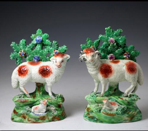 Pair Staffordshire pottery bocage figures of a ewe and ram made by SALT Staffordshire c1820