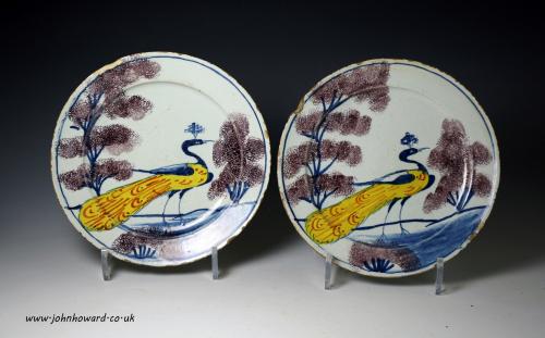 English delftware pottery plates with peafowl Bristol 18th century
