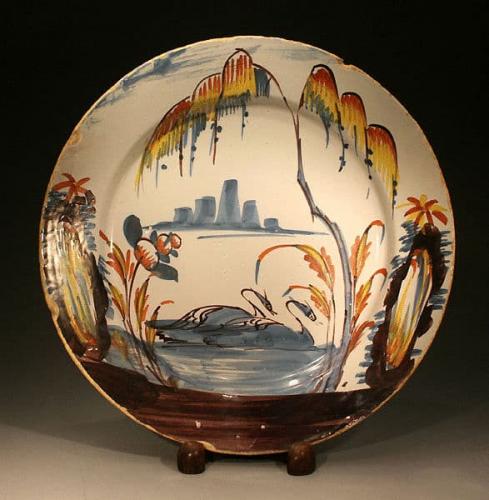Antique English Pottery Delftware Dish with Swans on Lake mid 18th century