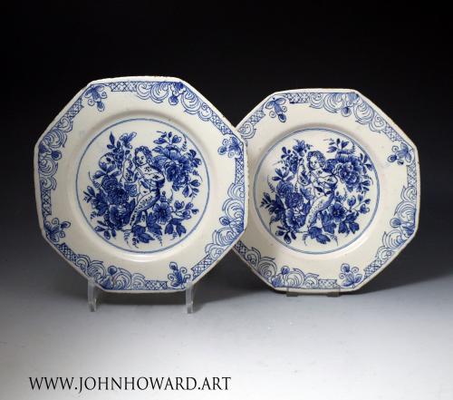 English delftware blue and white octaganol shaped plate with a putti. 18th century London