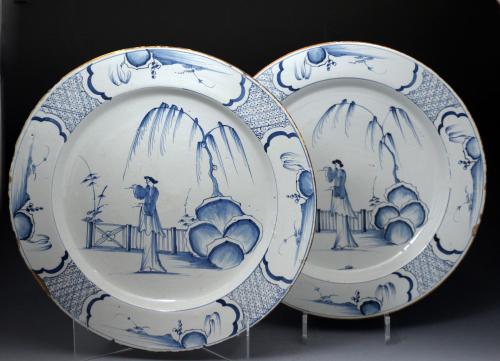 English blue and white delftware pottery chargers, 18th century