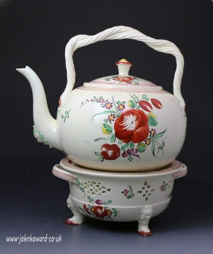Antique creamware pottery punch kettle with stand, English 18th century, Leeds Yorkshire