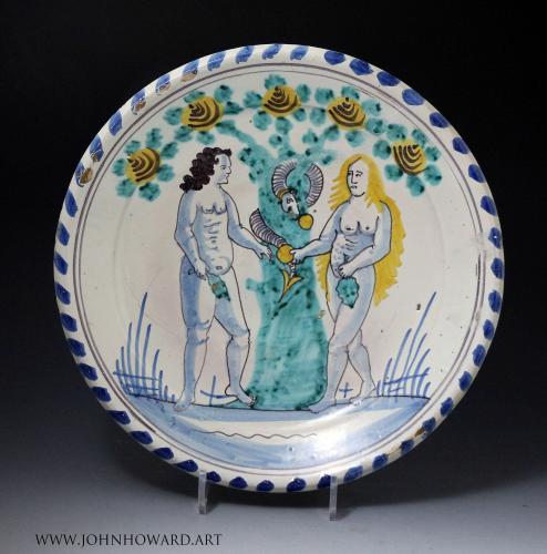English delftware blue dash border Adam and Eve charger late 17th century