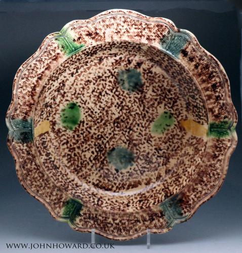 Large pottery tortoiseshell decorated dish Whieldon style 18th century Staffordshire