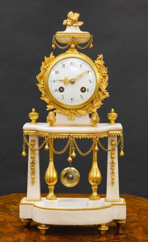 French White Marble and Ormolu Pillar Clock