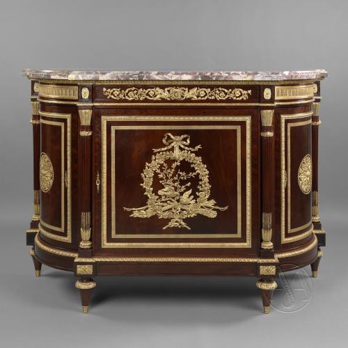 A Very Fine Louis XVI Style Gilt-Bronze Mounted Mahogany Side Cabinet With a Brèche Violette Marble Top By Henry Dasson