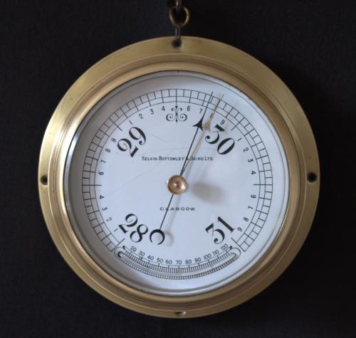 Kelvin, Bottomley & Baird - Glasgow. 19th Century brass cased marine bulhead aneroid barometer