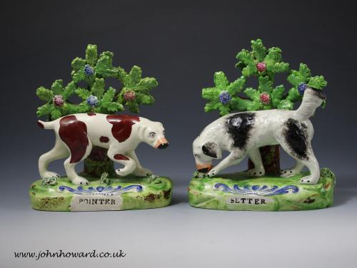 Antique Staffordshire pottery figures with bocage titled pointer and setter early 19th century