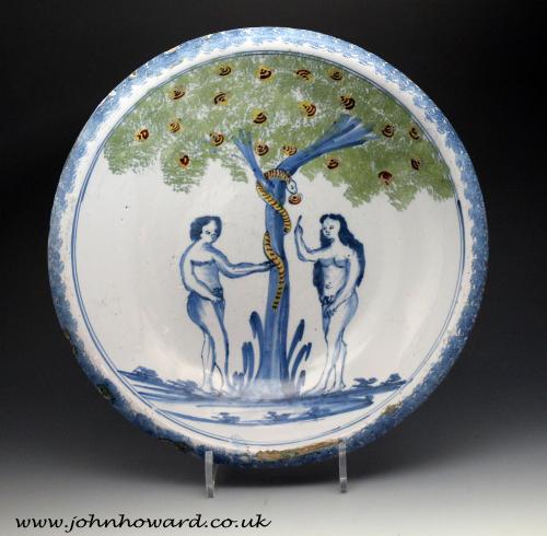 English delftware Adam and Eve Charger from Franks Pottery Bristol 18th century