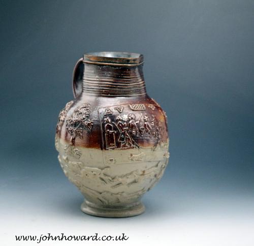 English Brown stoneware pitcher with silver rim late 18th century London Mortlake Kishere