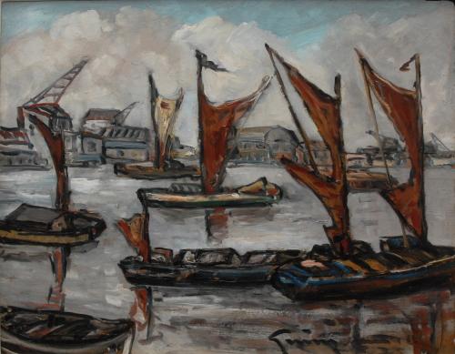 Barges on the Thames, Stanley Grimm R.O.I., R.P. (1891-1966)