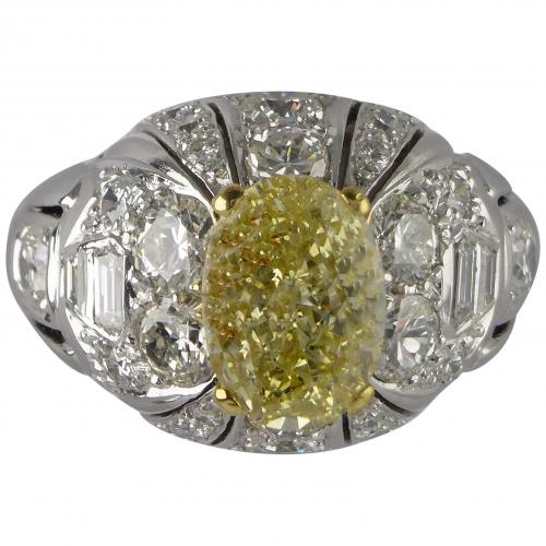 Certified Fancy Yellow Untreated Diamond 2.11 Carat Gold Bombe Ring circa 1960