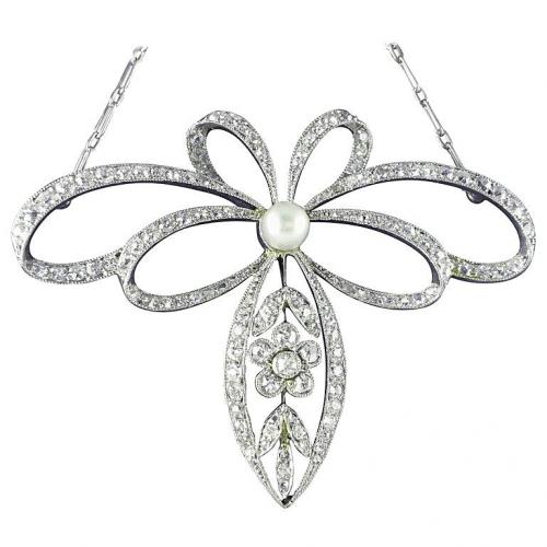 Pearl Diamond Platinum Belle Epoque Necklace, circa 1910