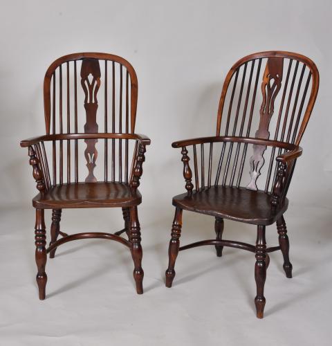 Matched Pair of 19th century Yew High Back Windsor Chairs