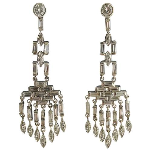 Art Deco Platinum Diamond Chandelier Earrings, Circa 1930