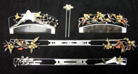 Two sets of silver, coral & ivory wedding or Oiran comb and hair pin sets