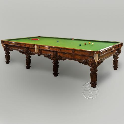 A Magnificent Carved Walnut Full Size (12ft x 6ft) Billiard Table and Accessories by Cox & Yeman. London, Circa 1880.