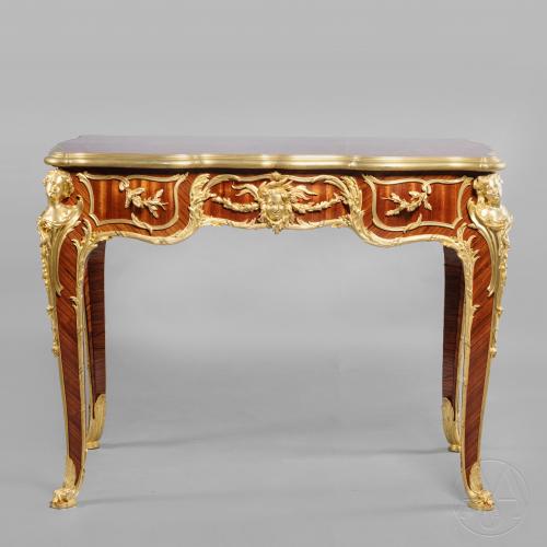 An Exceptionally Rare and Important Louis XV Style Gilt-Bronze Mounted Marquetry Inlaid Centre Table by François Linke, the Mounts Designed by Léon Messagé.  French, Circa 1920.