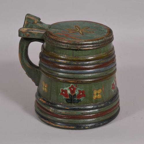 S/4010 Antique Treen 19th Century Painted Staved Lidded Tankard