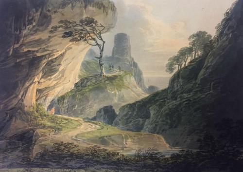 Travellers on a road through a rocky landscape near the sea, William Payne (British 1760-1833)