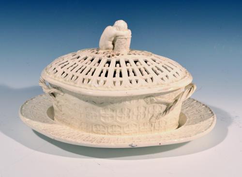 English Creamware Openwork Covered Basket & Stand, Probably Staffordshire