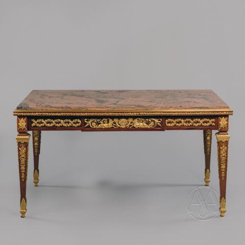 A Louis XVI Style Gilt-Bronze Mounted Low Table With A Veined Rouge Marble Top