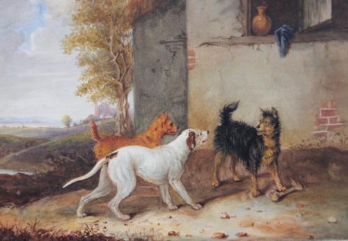Three dogs with a bone, Newton Smith Limbird Fielding (British, 1799–1856)