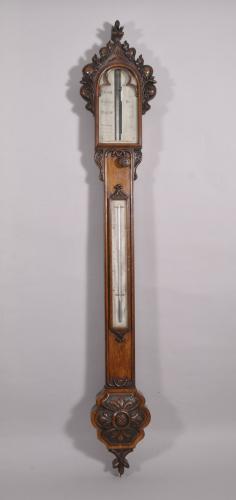 S/3991 Antique 19th Century Carved Oak Mercurial Stick Barometer by Francis Linsell West