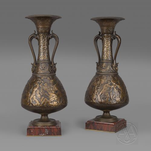 A Rare Pair of ‘Neo-Grec’ Style Multipatinated Bronze Amphora Vases  By Ferdinand Levillain and Ferdinand Barbedienne