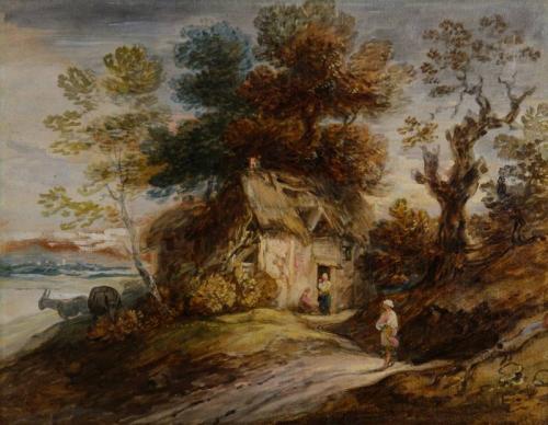 A figure with a pitcher near a cottage with two donkeys, Gainsborough Dupont (British, 1754–1797)