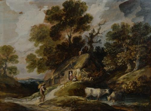 A woodland cottage with cows near a pond, Gainsborough Dupont (British, 1754–1797)