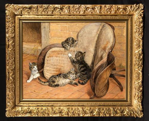 Frank Paton (British 1855–1909) Kittens Playing Around a Saddle