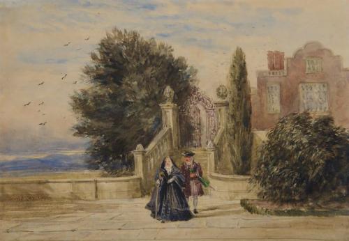 A terrace with figures in seventeenth century costume, David Cox (1783-1859)  