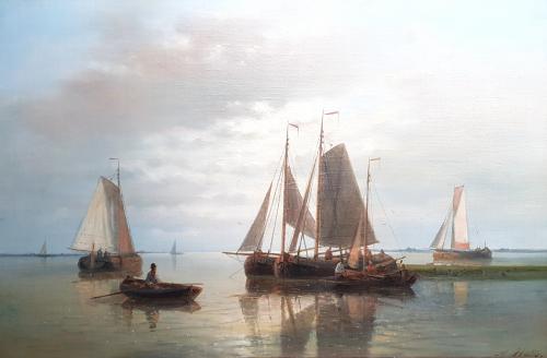 Abraham Hulk Snr (Dutch 1813–1897), Smacks in Calm Evening Waters