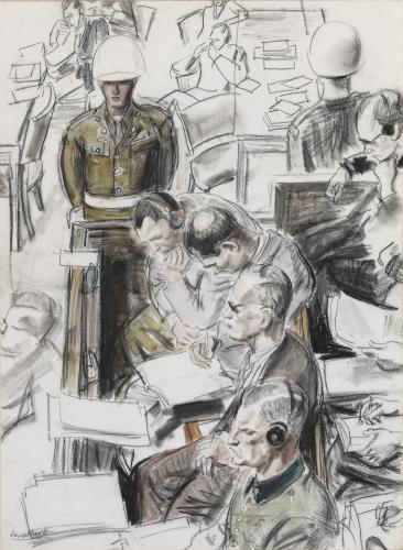 Prisoners in Dock at Nuremberg Trial no.1, Dame Laura Knight R.A., R.W.S., R.E., R.W.A., P.S.W.A. (1877-1970)