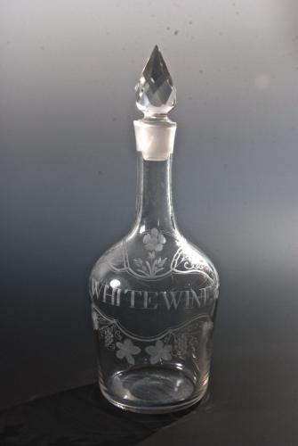 Shouldered decanter engraved White Wine. English c. 1765