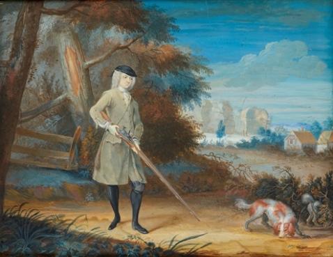 Portrait of a Sportsman with two Spaniels in a wooded landscape, Thomas Robins the Elder