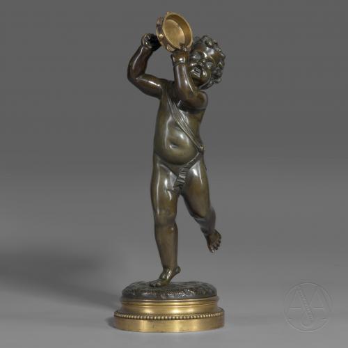 A Fine Patinated and Gilt-Bronze Figure of a Dancing Putto Holding a Tambourine,  After Clodion