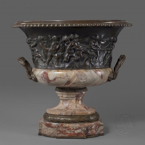A Louis XVI Style Patinated Bronze and Marble Jardinière   Cast With Bacchanalian Scenes Of Putti at Play, After Clodion