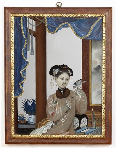 A Fine Chinese Export Reverse Glass Painting of a Court Lady Qing Dynasty, Qianlong Period, 1736–1795