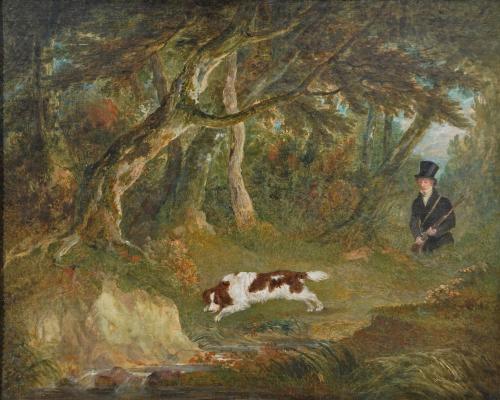 Sportsman With A Spaniel In A Wood By A Stream, English School circa 1820