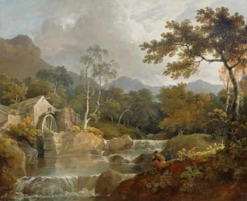 Fishermen On A Bank By A Pool; A Watermill Beyond, George Arnald