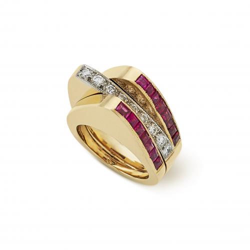 French 1950's calibre ruby and diamond ring