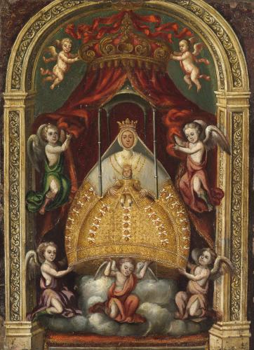 Hispanic South American school - The Madonna and Child born aloft by Angels - oil on copper - c.1700