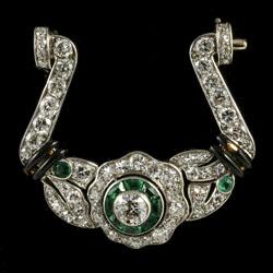 Art Deco diamond emerald and enamel brooch
